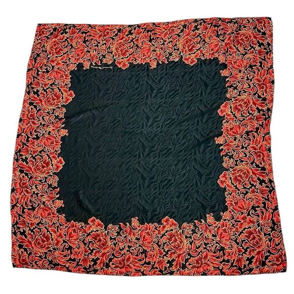 Jeannene Booher Silk Jacquard Scarf Black Red Gold Paisley Floral Hand Rolled - Picture 12 of 14